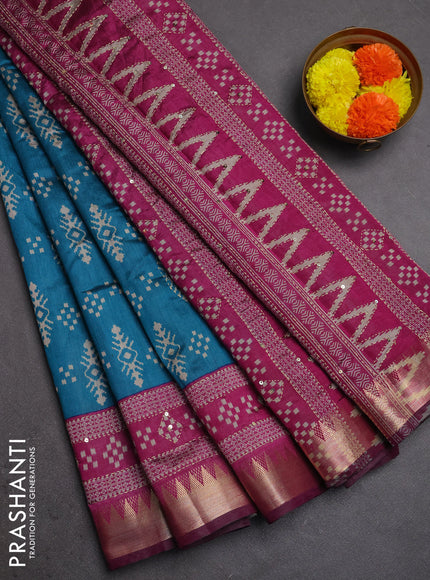 Semi tussar saree cs blue and purple with allover ikat prints & kantha stitch work and zari woven border