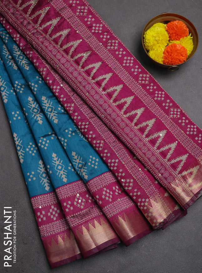 Semi tussar saree cs blue and purple with allover ikat prints & kantha stitch work and zari woven border