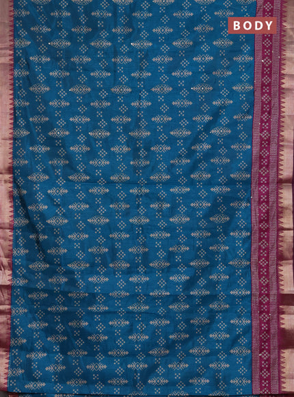 Semi tussar saree cs blue and purple with allover ikat prints & kantha stitch work and zari woven border