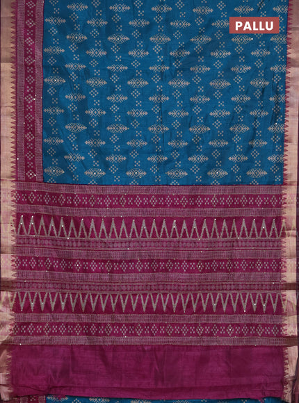 Semi tussar saree cs blue and purple with allover ikat prints & kantha stitch work and zari woven border
