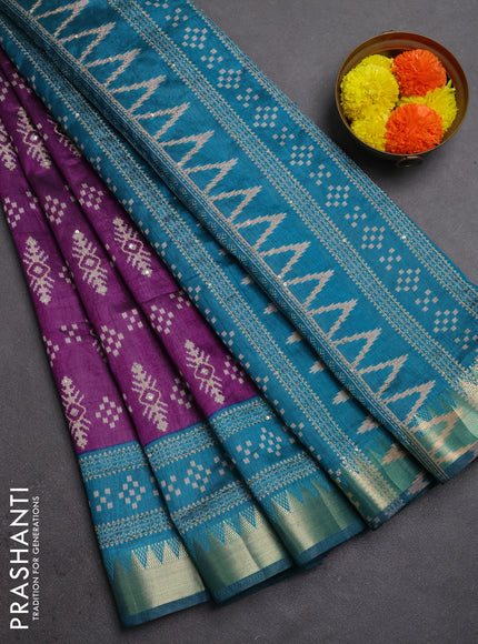 Semi tussar saree purple and teal green with allover ikat prints & kantha stitch work and zari woven border