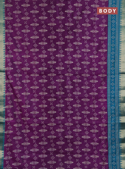 Semi tussar saree purple and teal green with allover ikat prints & kantha stitch work and zari woven border