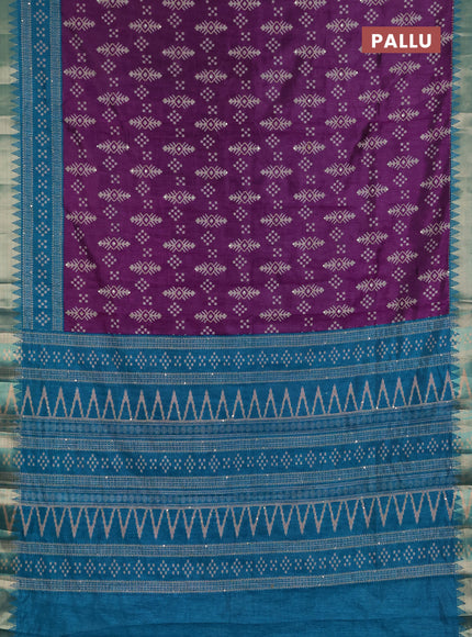 Semi tussar saree purple and teal green with allover ikat prints & kantha stitch work and zari woven border