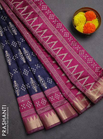 Semi tussar saree navy blue and magenta pink with allover ikat prints & kantha stitch work and zari woven border