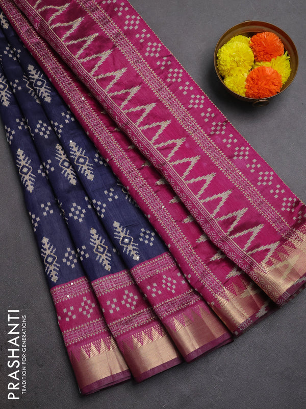 Semi tussar saree navy blue and magenta pink with allover ikat prints & kantha stitch work and zari woven border