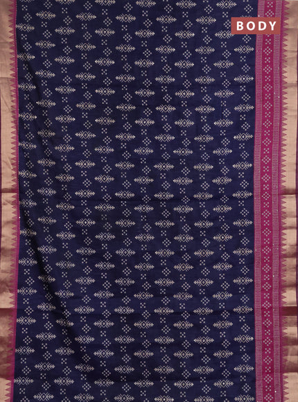 Semi tussar saree navy blue and magenta pink with allover ikat prints & kantha stitch work and zari woven border