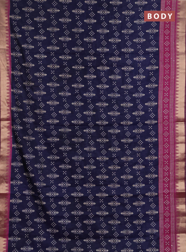 Semi tussar saree navy blue and magenta pink with allover ikat prints & kantha stitch work and zari woven border