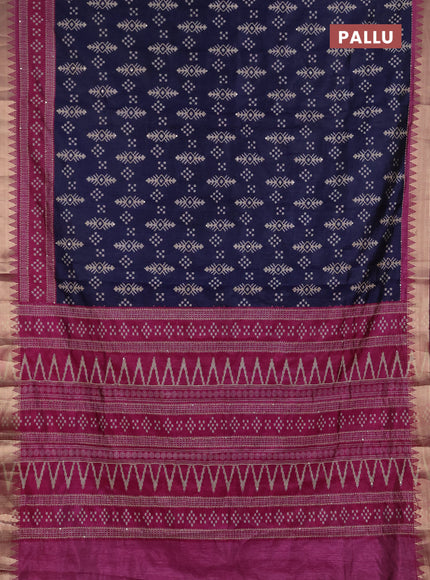 Semi tussar saree navy blue and magenta pink with allover ikat prints & kantha stitch work and zari woven border