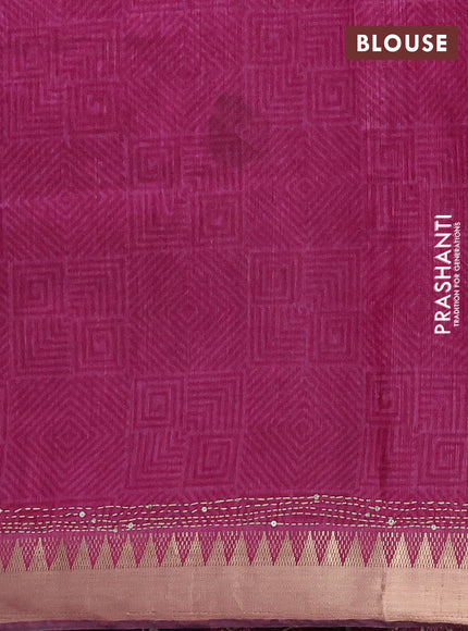 Semi tussar saree navy blue and magenta pink with allover ikat prints & kantha stitch work and zari woven border