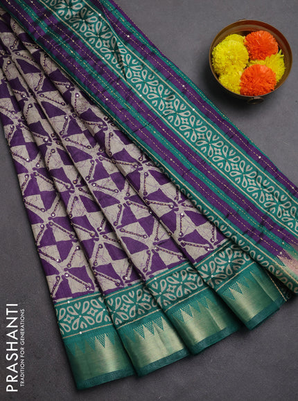 Semi tussar saree beige violet and teal green with allover batik prints & kantha stitch work and zari woven border