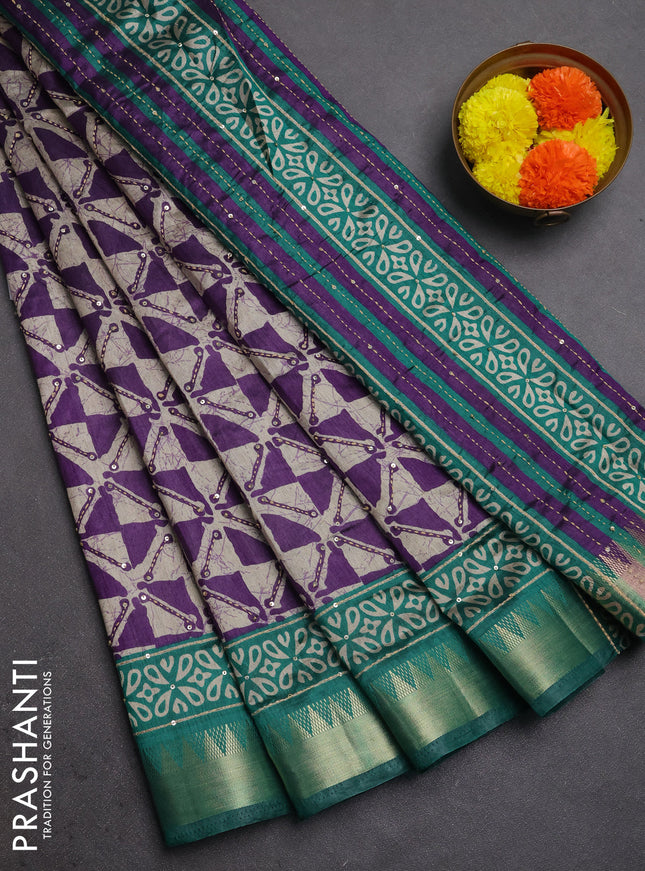 Semi tussar saree beige violet and teal green with allover batik prints & kantha stitch work and zari woven border