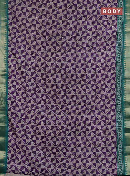 Semi tussar saree beige violet and teal green with allover batik prints & kantha stitch work and zari woven border