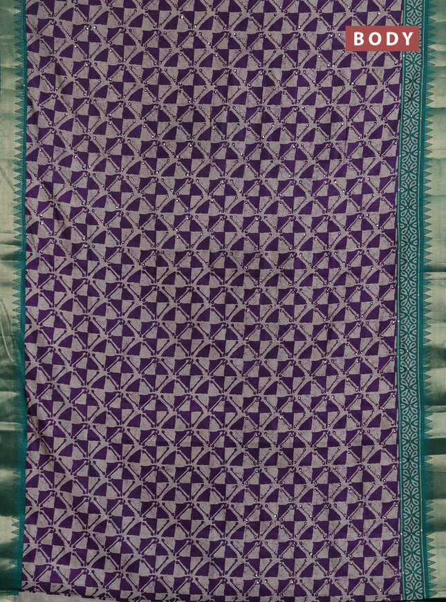Semi tussar saree beige violet and teal green with allover batik prints & kantha stitch work and zari woven border