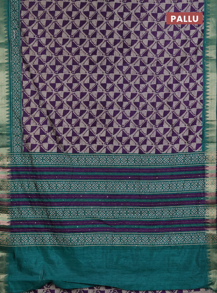 Semi tussar saree beige violet and teal green with allover batik prints & kantha stitch work and zari woven border