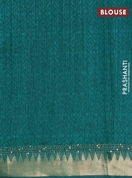 Semi tussar saree beige violet and teal green with allover batik prints & kantha stitch work and zari woven border