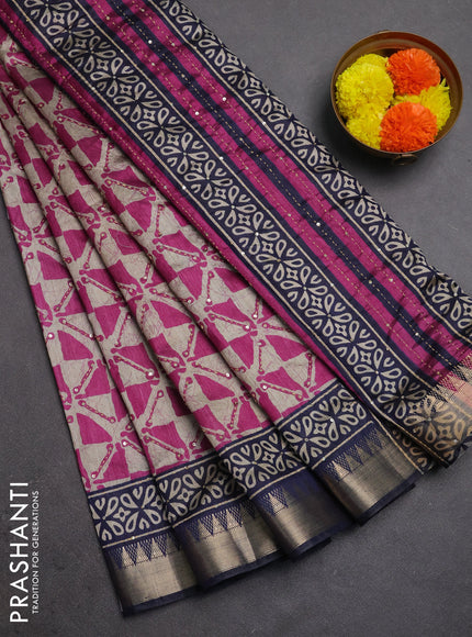 Semi tussar saree beige magenta pink and navy blue with allover batik prints & kantha stitch work and zari woven border