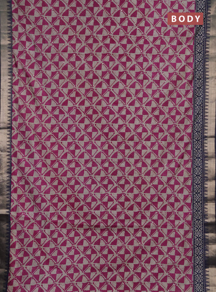 Semi tussar saree beige magenta pink and navy blue with allover batik prints & kantha stitch work and zari woven border