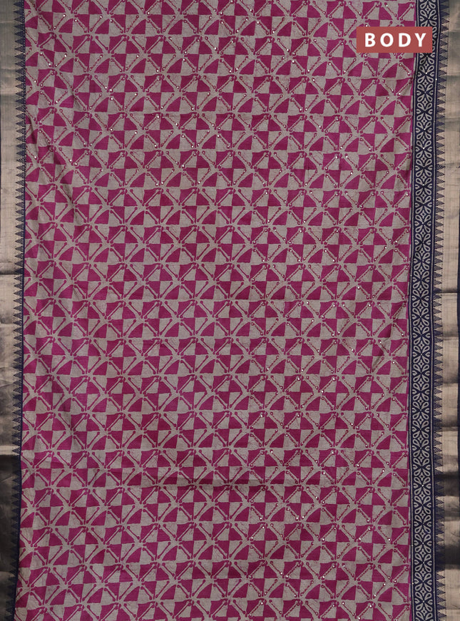 Semi tussar saree beige magenta pink and navy blue with allover batik prints & kantha stitch work and zari woven border
