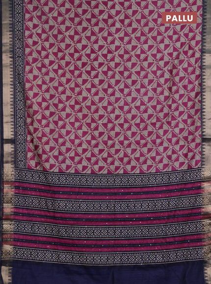 Semi tussar saree beige magenta pink and navy blue with allover batik prints & kantha stitch work and zari woven border
