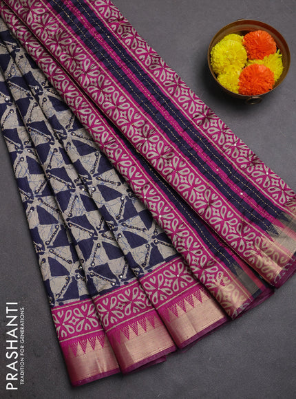 Semi tussar saree beige navy blue and magenta pink with allover batik prints & kantha stitch work and zari woven border