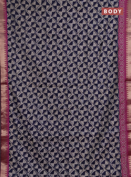 Semi tussar saree beige navy blue and magenta pink with allover batik prints & kantha stitch work and zari woven border