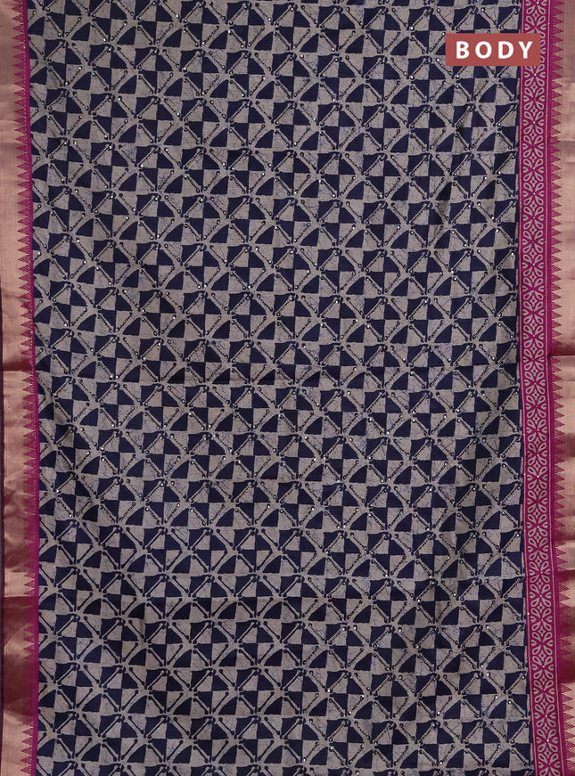 Semi tussar saree beige navy blue and magenta pink with allover batik prints & kantha stitch work and zari woven border