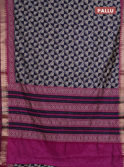 Semi tussar saree beige navy blue and magenta pink with allover batik prints & kantha stitch work and zari woven border