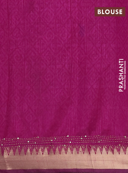Semi tussar saree beige navy blue and magenta pink with allover batik prints & kantha stitch work and zari woven border