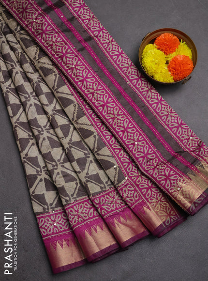Semi tussar saree beige grey and purple with allover batik prints & kantha stitch work and zari woven border