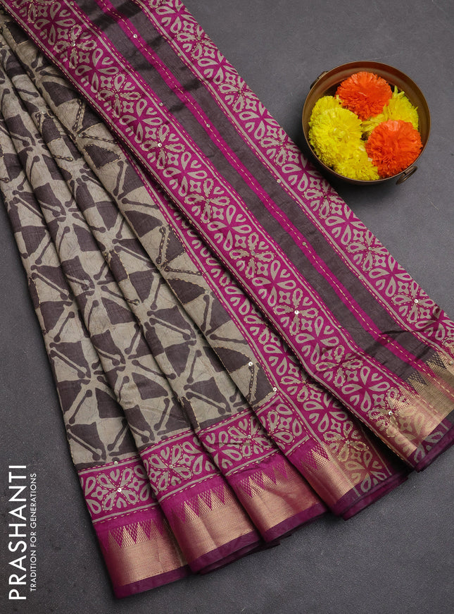 Semi tussar saree beige grey and purple with allover batik prints & kantha stitch work and zari woven border