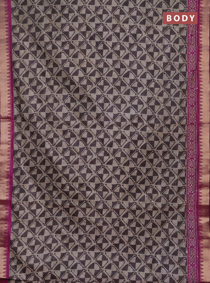 Semi tussar saree beige grey and purple with allover batik prints & kantha stitch work and zari woven border