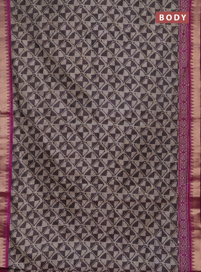 Semi tussar saree beige grey and purple with allover batik prints & kantha stitch work and zari woven border