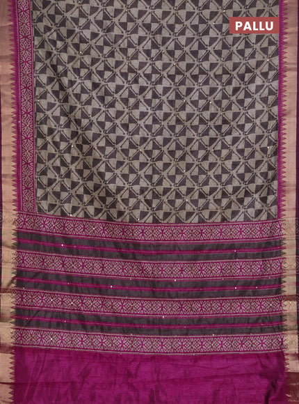 Semi tussar saree beige grey and purple with allover batik prints & kantha stitch work and zari woven border