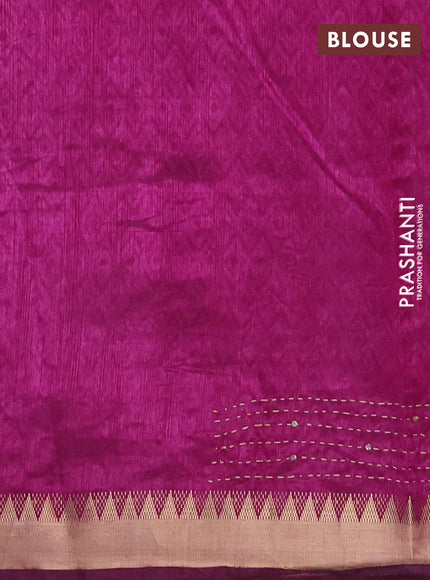 Semi tussar saree beige grey and purple with allover batik prints & kantha stitch work and zari woven border