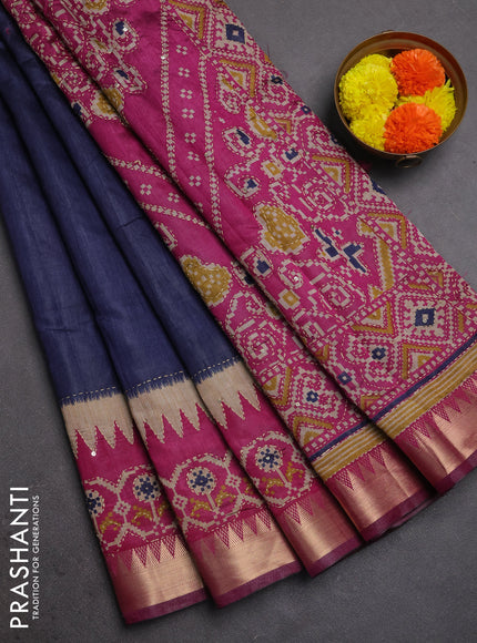 Semi tussar saree navy blue and magenta pink with plain body and kantha stitch work & zari woven border