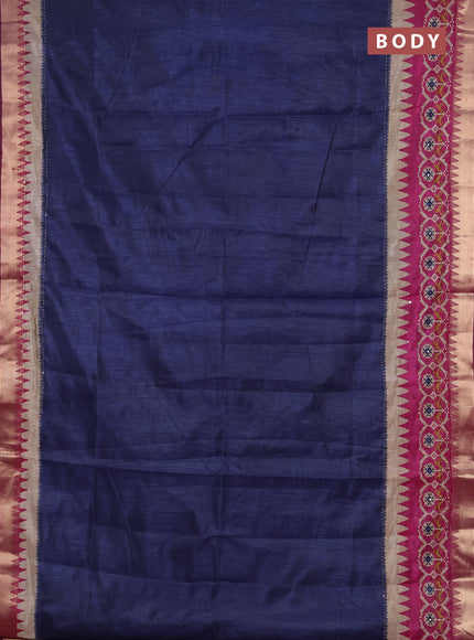 Semi tussar saree navy blue and magenta pink with plain body and kantha stitch work & zari woven border