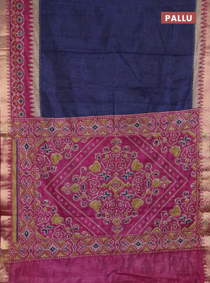Semi tussar saree navy blue and magenta pink with plain body and kantha stitch work & zari woven border