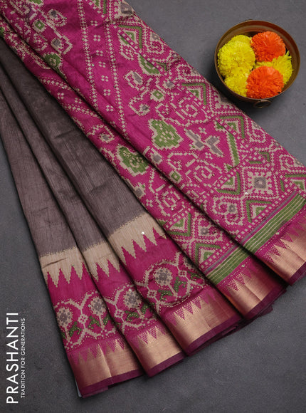 Semi tussar saree greyish brown and magenta pink with plain body and kantha stitch work & zari woven border