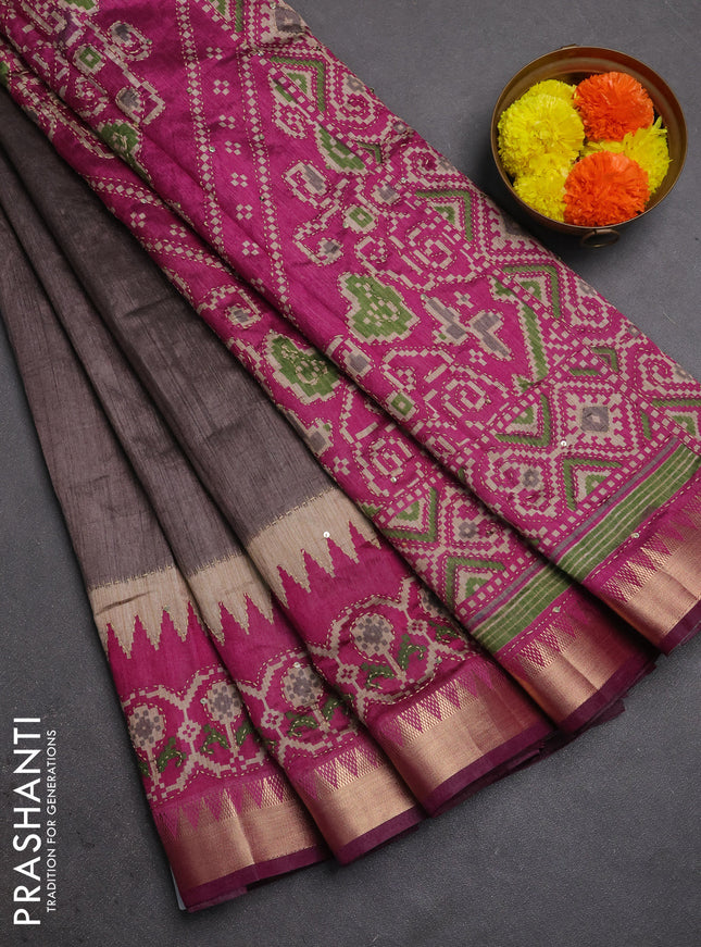 Semi tussar saree greyish brown and magenta pink with plain body and kantha stitch work & zari woven border