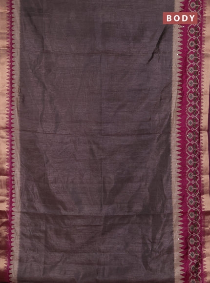 Semi tussar saree greyish brown and magenta pink with plain body and kantha stitch work & zari woven border