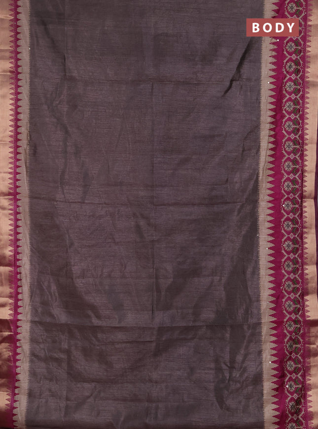 Semi tussar saree greyish brown and magenta pink with plain body and kantha stitch work & zari woven border