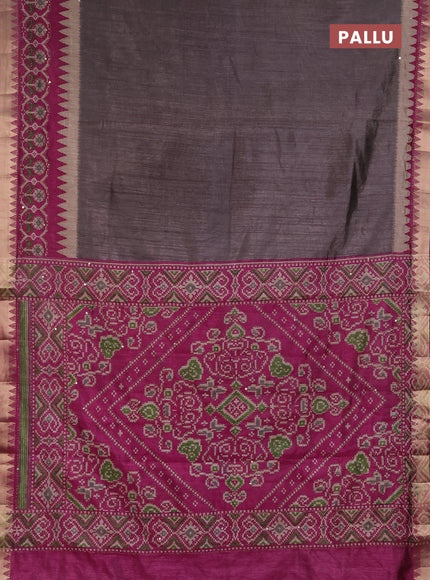 Semi tussar saree greyish brown and magenta pink with plain body and kantha stitch work & zari woven border