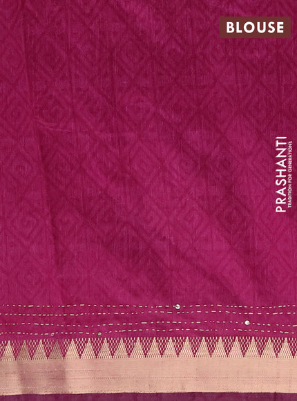 Semi tussar saree greyish brown and magenta pink with plain body and kantha stitch work & zari woven border