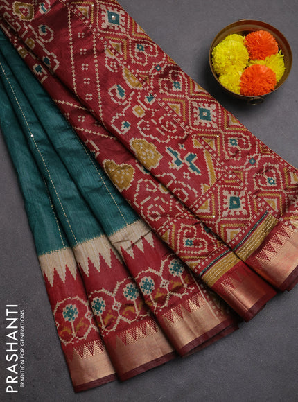 Semi tussar saree green and maroon with allover kantha stitch work and zari woven border