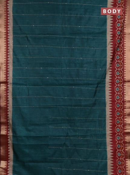 Semi tussar saree green and maroon with allover kantha stitch work and zari woven border