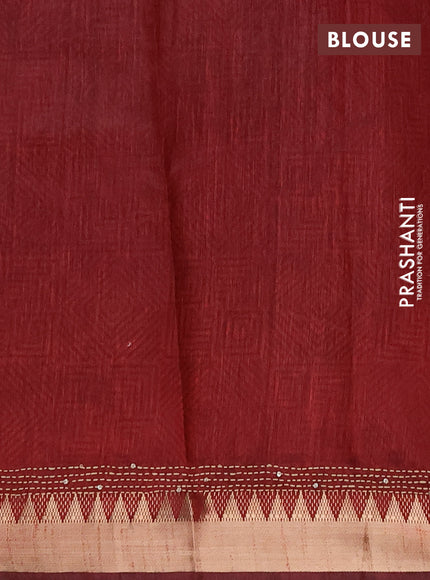 Semi tussar saree green and maroon with allover kantha stitch work and zari woven border