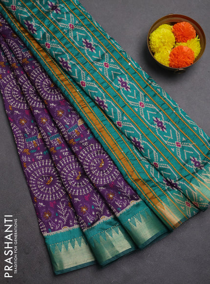 Semi tussar saree purple and teal green with allover warli prints & kantha stitch work and zari woven border