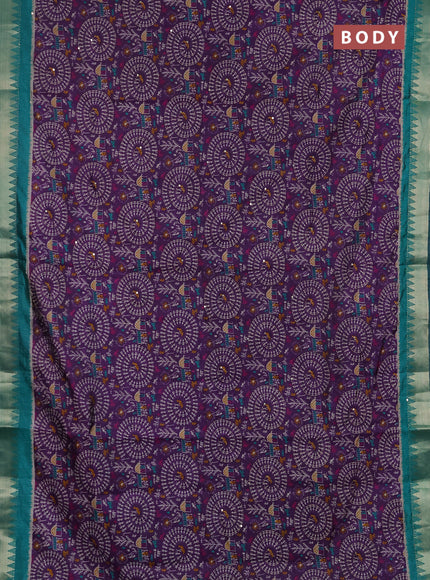 Semi tussar saree purple and teal green with allover warli prints & kantha stitch work and zari woven border