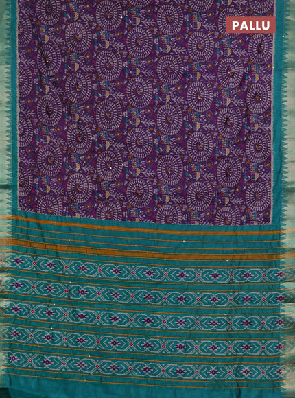 Semi tussar saree purple and teal green with allover warli prints & kantha stitch work and zari woven border