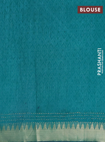 Semi tussar saree purple and teal green with allover warli prints & kantha stitch work and zari woven border